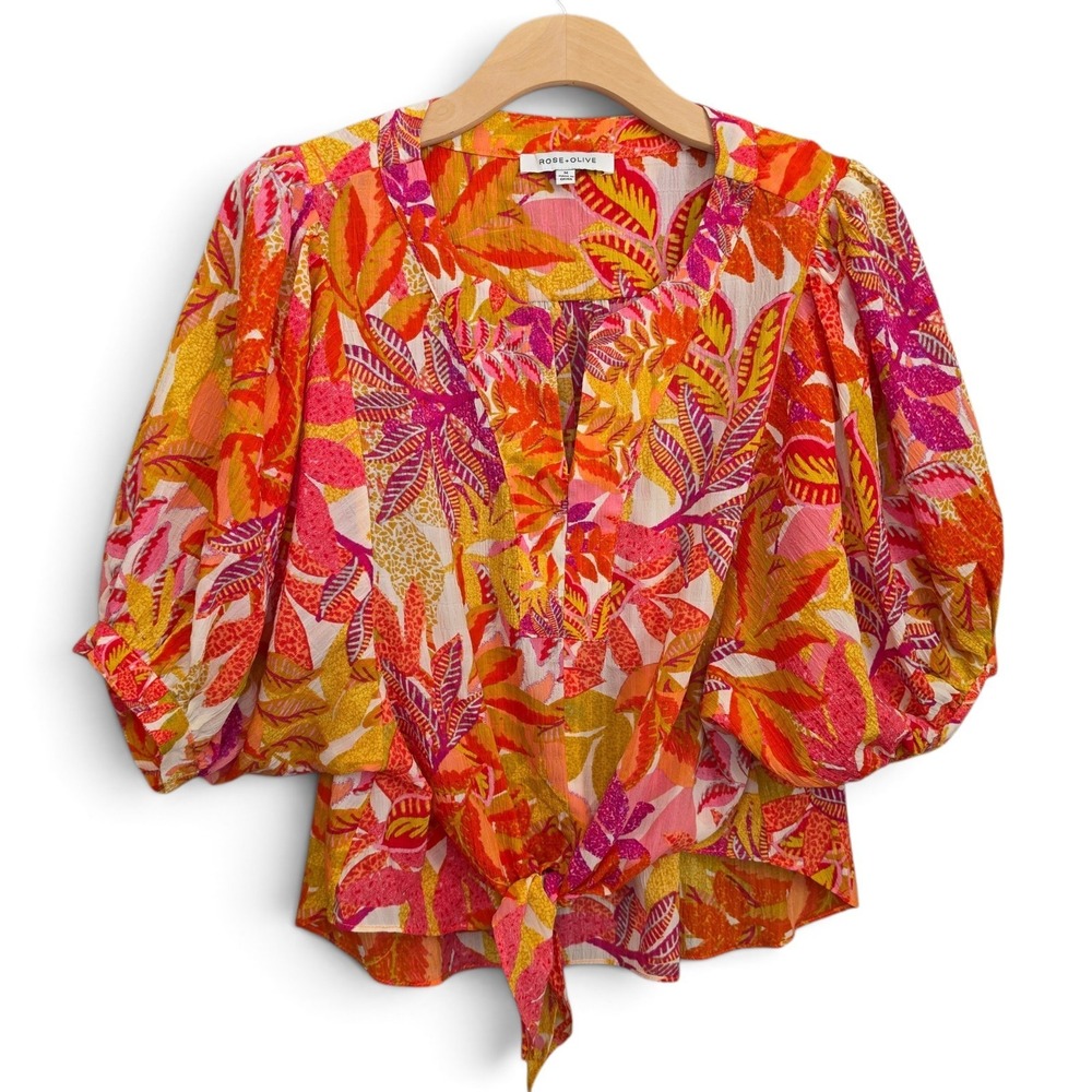 Rose + Olive Womens M Blouse Puff Sleeve Tie Front Tropical Floral Top Medium
